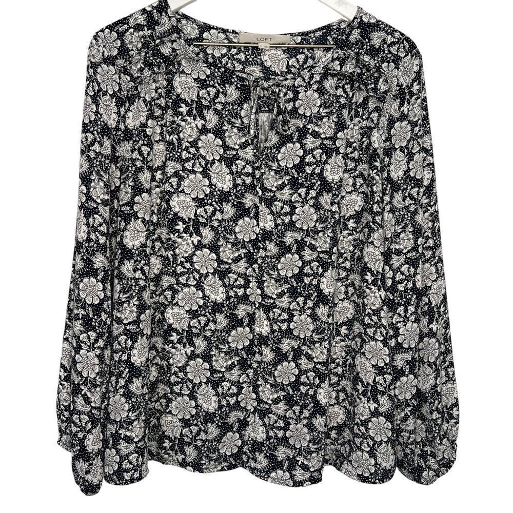 LOFT Blossom Mixed Media Tie Neck Top size Medium Black Long Sleeve Blouse